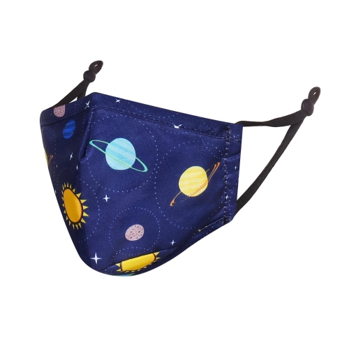 A navy reusable face mask for children with a space-themed design containing planets and stars